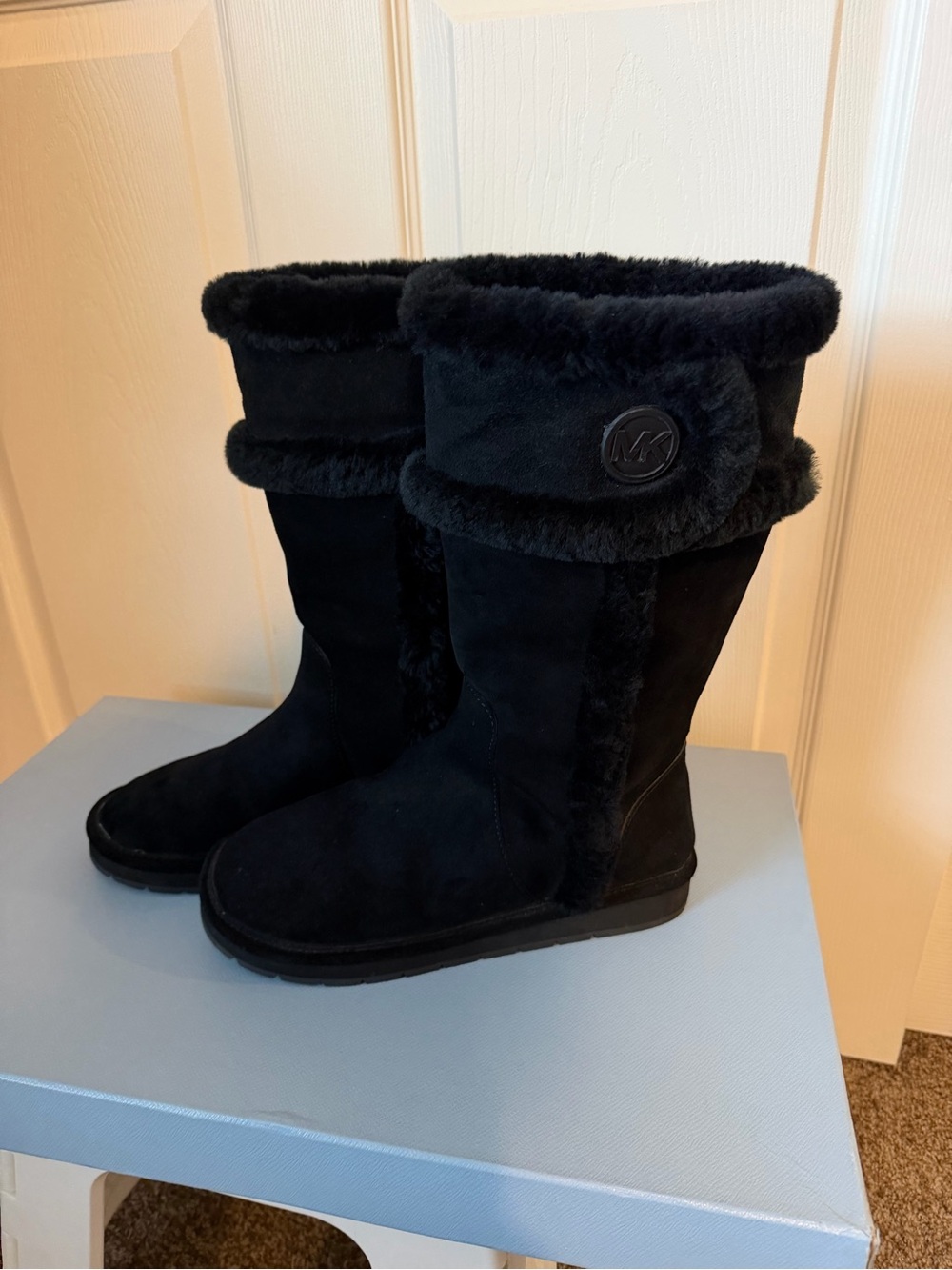 Michael Kors Black Faux-Suede Mid-Calf Fur-Trim Boots